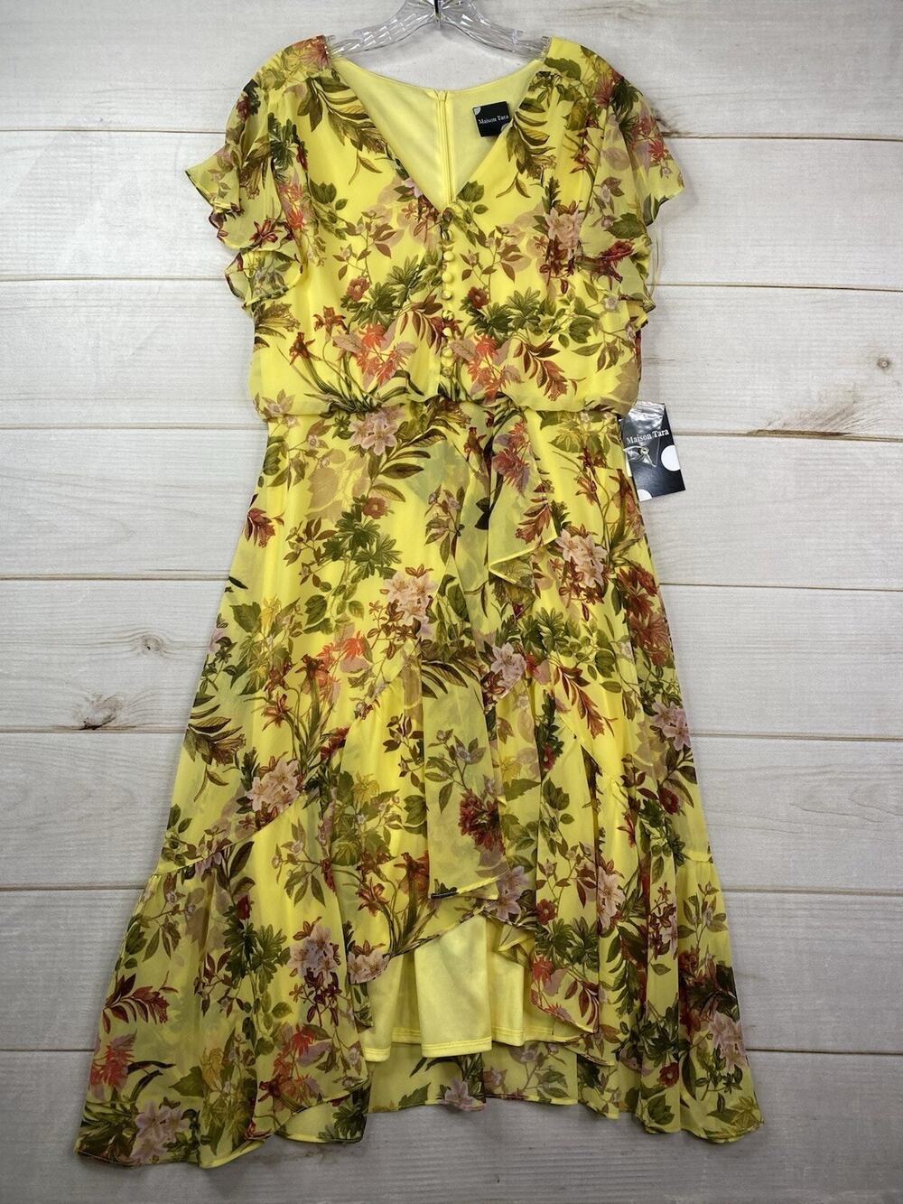 Maison Tara Dress Womens Sz 12 Yellow Floral Chiffon Midi V Neck Boho NWT